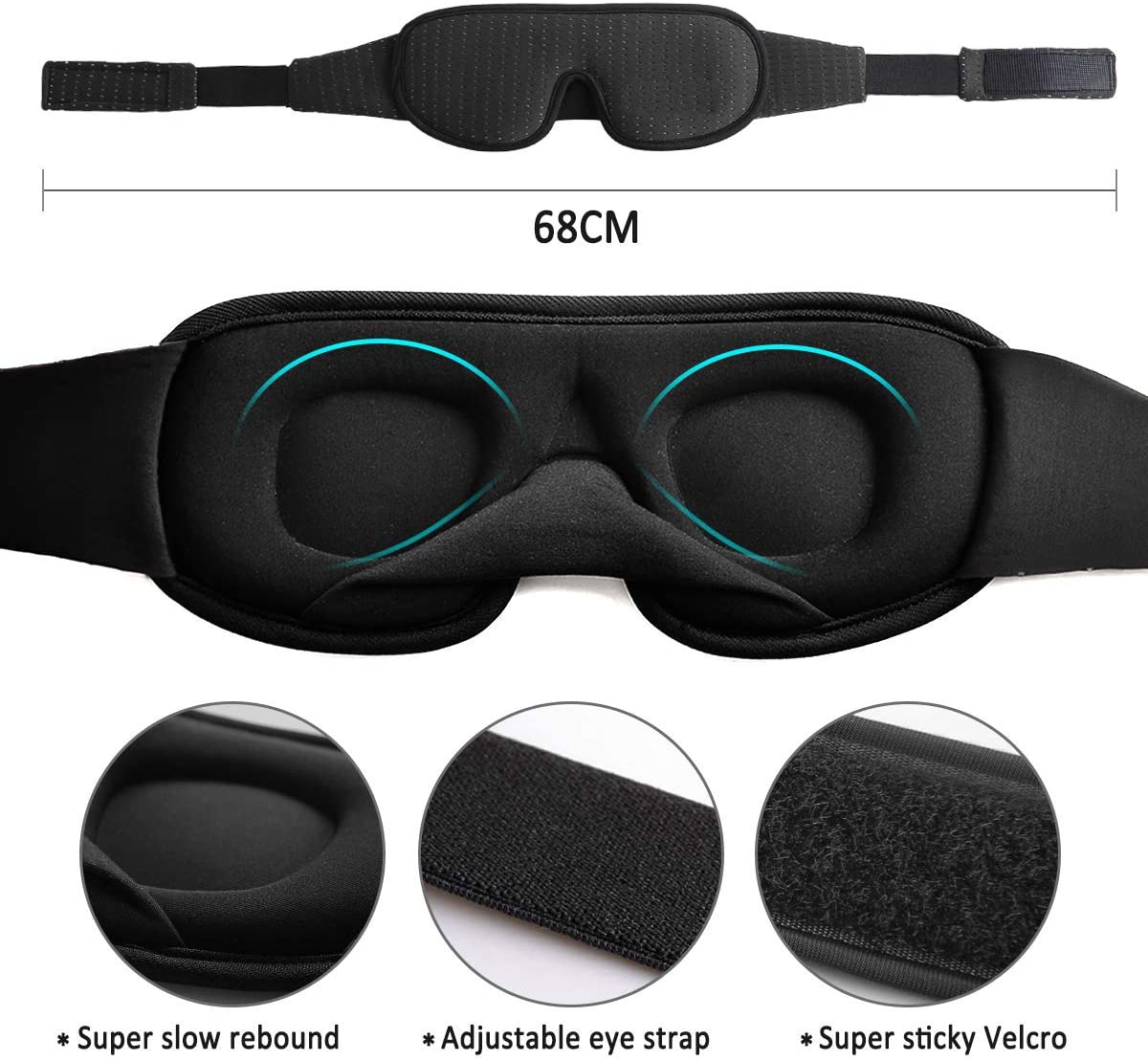 3D Sleep Mask for Men & Women โ Ultra-Soft, Light-Blocking Eye Mask with Adjustable Strap | Contoured Memory Foam for Deep Restful Sleep โ 68CM, Travel-Friendly